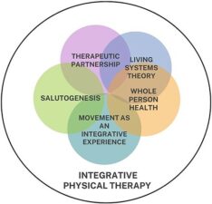 Venn diagram of integrative physical therapy: Therapeutic Partnership, Living Systems Theory, Whole Person Health, Movement, and Salutogenesis.