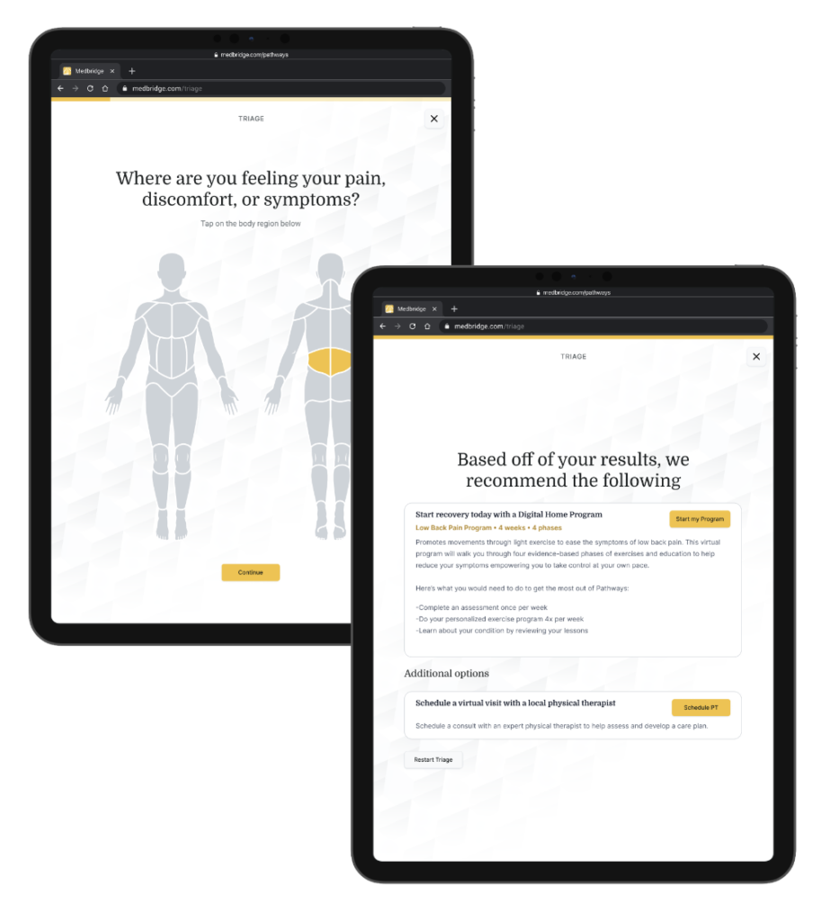 Two tablets featuring screenshots from Pathways, showing the screening tools